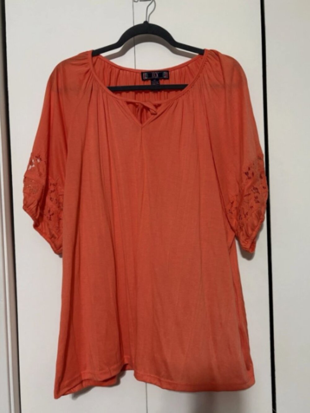 BY DESIGN 2X Plus Size Orange Boho Top Lace Trim Sleeves Stretchy Blouse